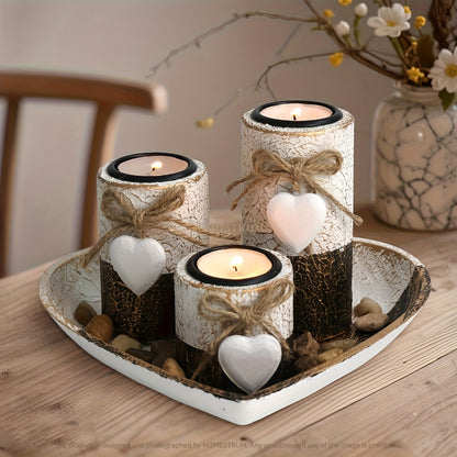Wooden Candle Holder Set of 4 – Love Heart Tray, Tea Light Holder, Knot Bow Decoration & Decorative Stone Bowl for Home Decor, Valentine's Day, Christmas & Easter Gift