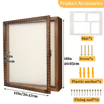 Shadow Box Frame with Linen Back – Large Rustic Memory Display Case 11x14 & 12x16 Inch for Photos, Medals, Coins, Pins, Flowers & Collectibles, 4 Removable Shelves, Black White Brown
