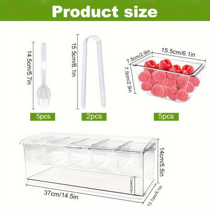 Fruit Salad Bowl with Lid and 5 Compartments, Portable Chilled Serving Tray with 5 Forks and 2 Tongs, Detachable Fruit Storage Box for Party Entertaining Bar Decoration Buffet Table