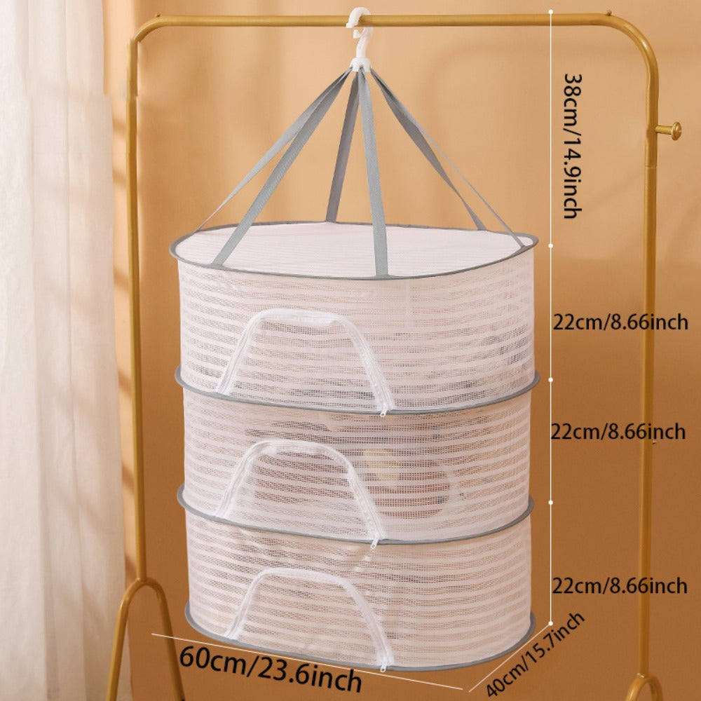 Mesh Drying Rack Foldable 2-3 Layer with Hooks & Zipper Closure — Hanging Herb Drying Net for Herbs, Fruits, Vegetables, Fish, Flowers & Clothes | Large Size