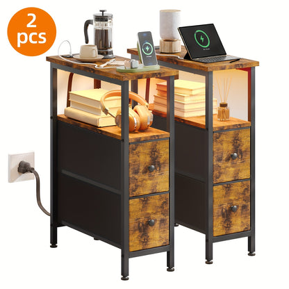 Nightstand with Charging Station Slim LED Bedside Table with Fabric Drawers, Narrow End Table for Small Spaces Bedroom Dorm Living Room Couch, Skinny Side Table Storage Unit Brown Black White