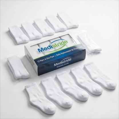 Multicolor Diabetic Crew Socks 12 Pairs Cotton Non-Binding Neuropathy Seamless Cushioned Loose Fit for Men Women Sensitive Feet Edema White Black Grey Size 9-11 10-13
