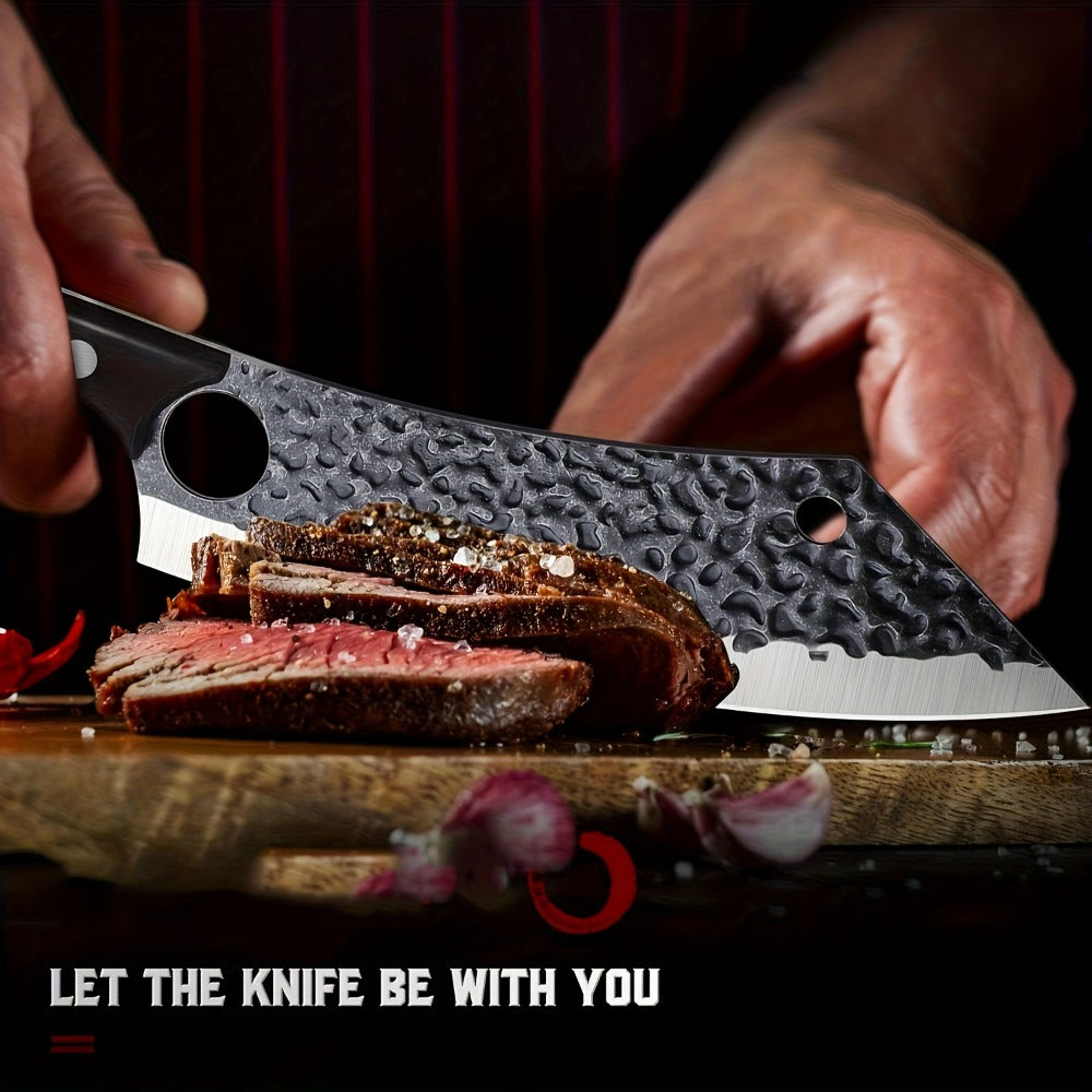 Butcher Knife 8 Inch Hand Forged High Carbon Steel Cleaver – Meat & Vegetable Chopping Knife with Finger Hole, Wooden Handle