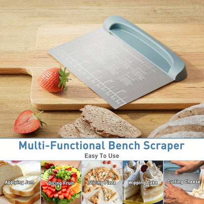 Dough Scraper Bench Scraper - Stainless Steel Dough Cutter with Silicone Handle & Measuring Scale, Multipurpose Pastry Scraper Pizza Spatula Baking Tool, Kitchen Gadget Gift, Blue Grey