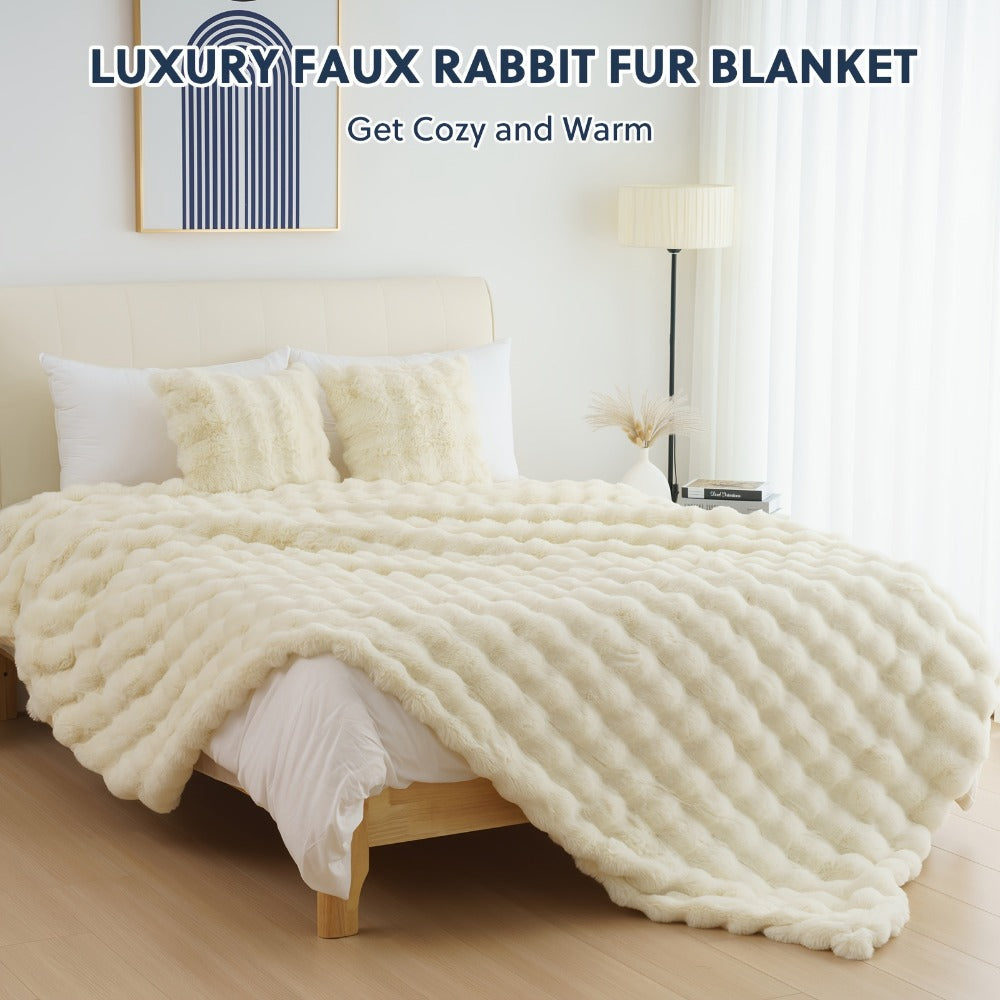 Faux Rabbit Fur Throw Blanket – Ultra-Soft Plush Fleece for Bed, Couch, Sofa & Travel, All Season, 11 Colors, Throw to King Size