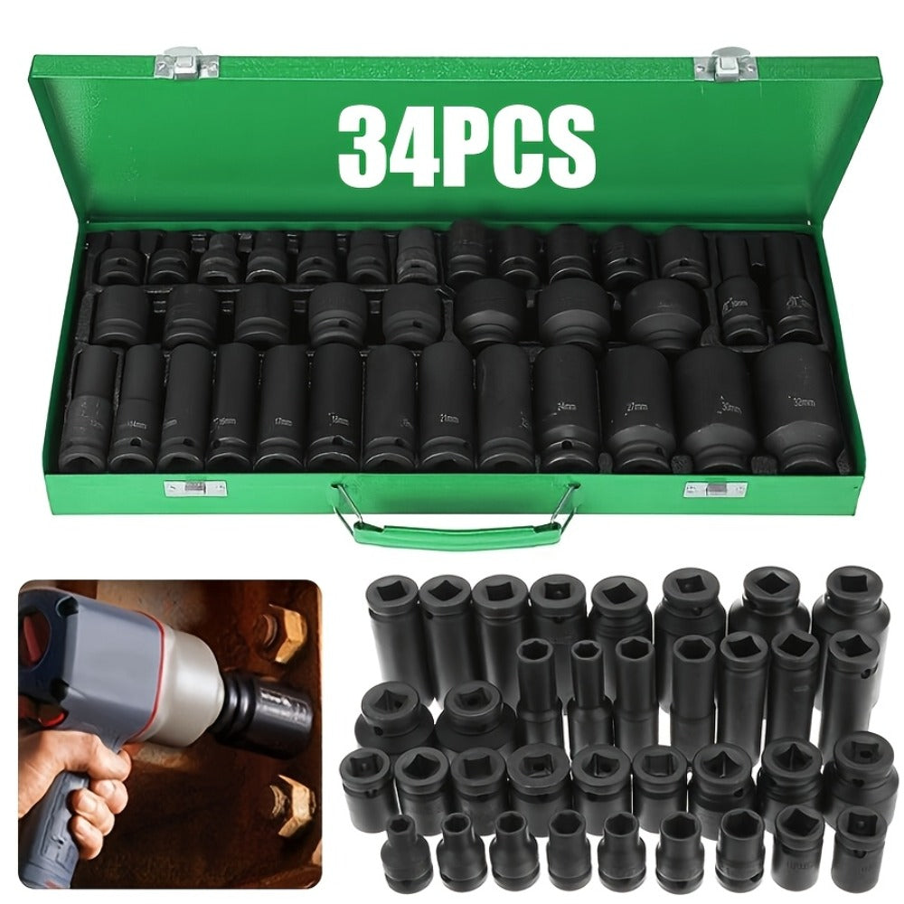 Impact Socket Set – 53-Piece Tool Set, 47-Piece 3/8" Drive & 34-Piece 1/2" Drive, SAE & Metric Sizes, 6-Point CR-V with Ratchet Handle, Extension Rod & Connector for Auto Repair & DIY
