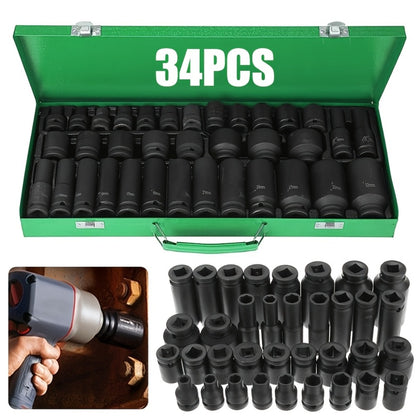 Impact Socket Set – 53-Piece Tool Set, 47-Piece 3/8" Drive & 34-Piece 1/2" Drive, SAE & Metric Sizes, 6-Point CR-V with Ratchet Handle, Extension Rod & Connector for Auto Repair & DIY