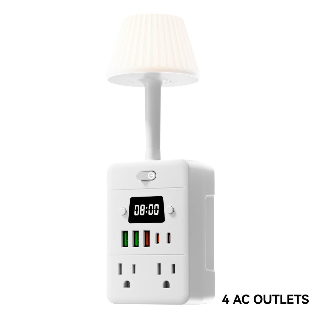 Power Strip Extender with Digital Clock & Desk Lamp – 4 AC Outlets, 3 USB & 2 Type-C Ports, One-Touch On/Off, Overload Protector | Multi-Function Surge Protector for Home, Office, Dorm & School