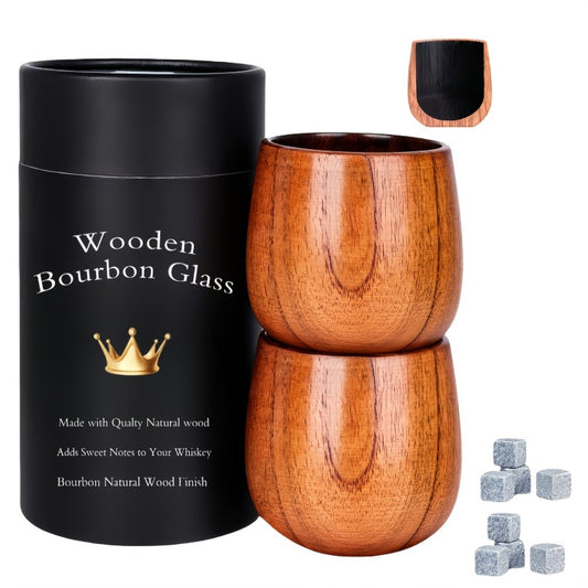 Charred Wooden Bourbon Whiskey Glass Set – 2 Jujube Wood Old Fashioned Tumbler Glasses & 8 Granite Whiskey Stones – Handcrafted Whiskey Gift for Men Dad