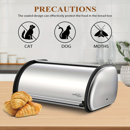 Stainless Steel Roll Top Bread Box 13 Inch - Countertop Bread Storage Container with Lid, Keeps Bread Fresh & Insect-Free, Holds Large Loaves, Bagels, Muffins