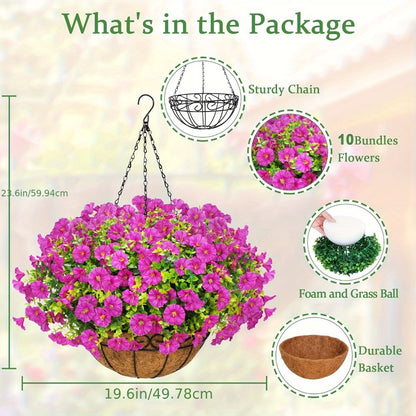 Artificial Hanging Flowers Outdoor UV-Resistant Fake Petunias with Planter Basket – Realistic Faux Hanging Plants for Garden Patio Porch Balcony Railing Decor