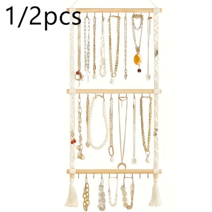 Boho Jewelry Organizer Wall Mount Hanging Rack Hand Woven Tassel Necklace Earring Bracelet Holder 30 Hooks Bedroom Decor Display Stand