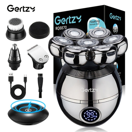 Electric Head Shaver for Bald Men 5-in-1 Grooming Kit with Rotary Blades, Hair Clipper, Nose Trimmer, Cleaning Brush & Scalp Massager – Cordless Rechargeable Skull Shaver, Silver & Gold