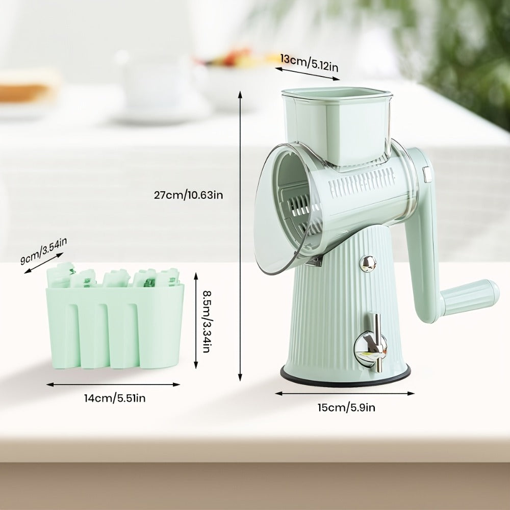 Rotary Cheese Grater with Interchangeable Blades – 5-in-1 Manual Vegetable Slicer Shredder Set, Suction Cup Base, Easy to Clean, Multifunctional Kitchen Tool for Fruits, Vegetables & Nuts