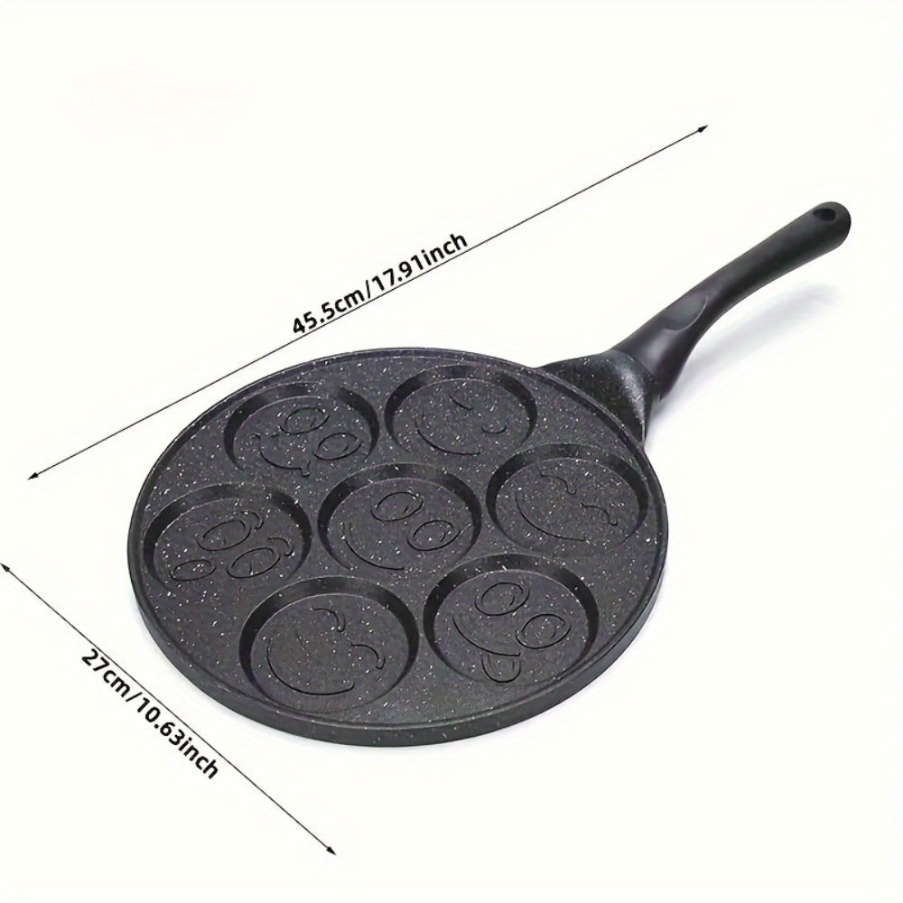 7-Hole Non-Stick Pancake Pan Smiley Face – Aluminum Alloy Breakfast Maker with Detachable Handle for Gas Stove | Oven & Dishwasher Safe Crepe Waffle Egg Mold Cooking Pan Even Heat Distribution Black