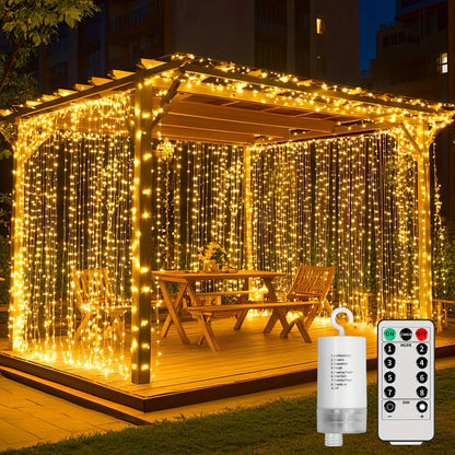 Curtain Lights for Gazebo Outdoor, 330 LED 10ft x 10ft Waterfall Fairy Lights Battery Operated with Remote, IP65 Waterproof Hanging String Lights with 8 Modes for Bedroom Porch Patio Wedding Decoration