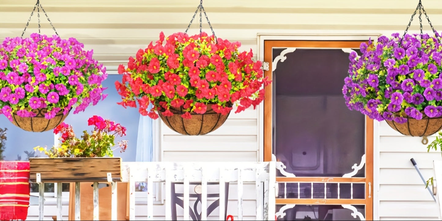 Artificial Hanging Flowers Outdoor UV-Resistant Fake Petunias with Planter Basket – Realistic Faux Hanging Plants for Garden Patio Porch Balcony Railing Decor