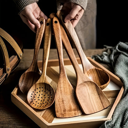 Wooden Kitchen Utensils Set – Natural Wood Spoon Spatula & Wok Spatula with Ergonomic Handle, Heat-Resistant Non-Stick Safe Cooking Tools, Easy to Clean Durable Kitchen Essentials (5 / 6 / 10 Piece Sets)