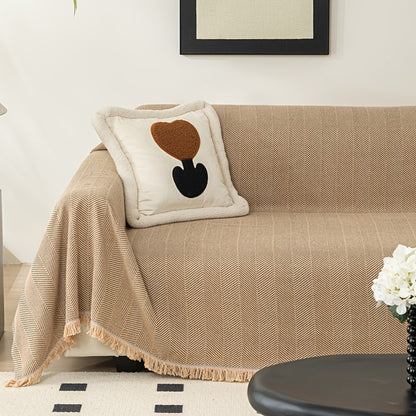 Herringbone Sofa Throw Cover with Tassels Jacquard Woven Solid Color Washable Polyester Sofa Blanket Slipcover for 3 4 Seater Couch Living Room - Grey Coffee Green Blue