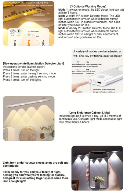 LED Sensor Strip Light USB Rechargeable – 3-Color Dimmable Motion Sensing Wireless Night Light for Kitchen, Wardrobe, Cabinet, Shoe Cabinet & Bedroom (20cm / 30cm / 40cm / 50cm)