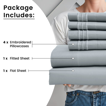 Fitted Sheet Set 6-Piece Brushed Polyester Deep Pocket Bed Sheets 20 Colors Hotel Luxury Soft Bedding with Embroidered Pillowcases