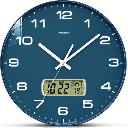 Silent Wall Clock Round Analog 10/12 Inch – Battery Operated, Calendar & Temperature Display, Non-Ticking Quiet Movement for Bedroom, Office & Living Room, Multiple Colors