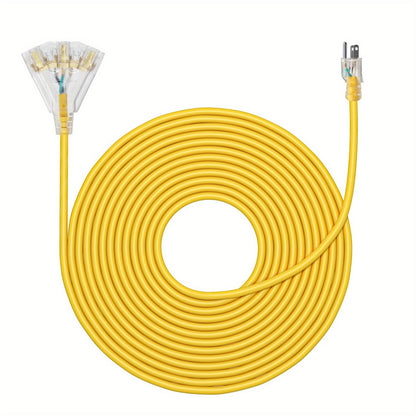 Extension Cord 25FT Heavy Duty Outdoor Indoor 14/3 SJTW Yellow 3-Outlet Tri-Tap Splitter with LED Lighted Plug 15A 1875W Grounded Power Cord for Workshop Garage Job Site Construction