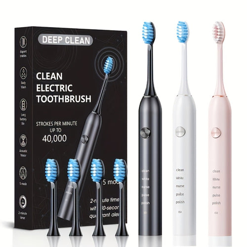 Sonic Electric Toothbrush – 5 Vibration Modes, Soft Bristle, Type-C Fast Charging, Waterproof, Deep Clean & Teeth Whitening Rechargeable Power Toothbrush for Men & Women, 4 or 8 Brush Heads