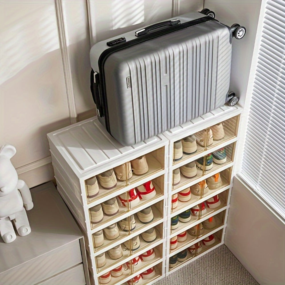 Shoe Rack Organizer 9-Tier, Collapsible Clear Plastic Foldable Stackable Shoe Cabinet with Shelves & Doors — No Assembly, Space-Saving Narrow Storage for Hallway, Apartment & Small Spaces