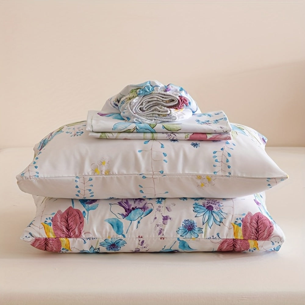 Floral Bedding Set 4-Piece – 1 Fitted Sheet + 1 Flat Sheet + 2 Pillowcases | Soft Breathable Polyester | All-Season Flower Print Bed Sheet Set | Machine Washable | Twin Full Queen King