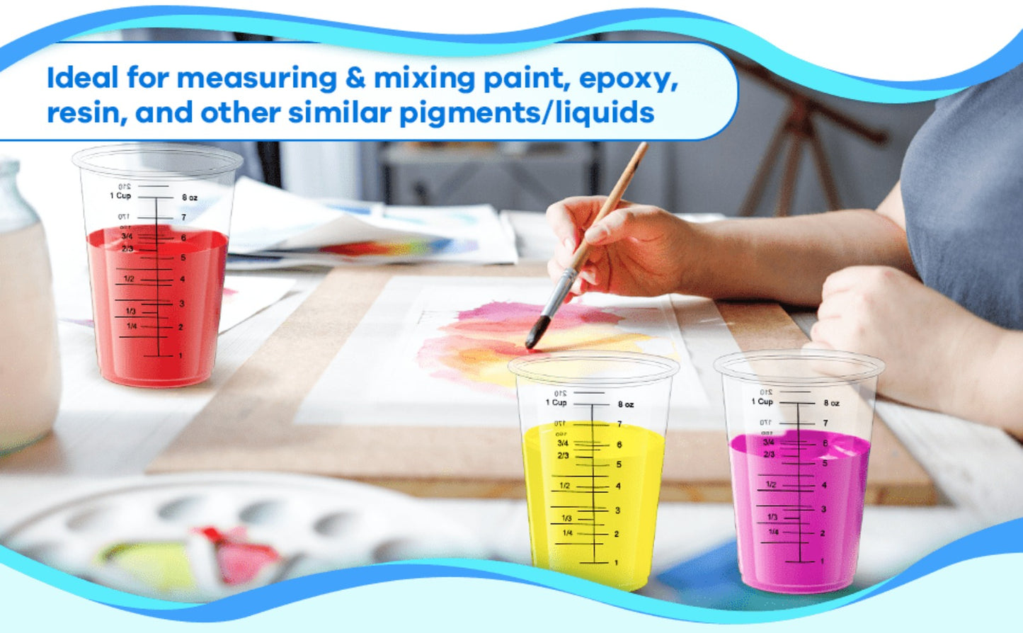 Plastic Measuring Cups with Wooden Sticks 100 Sets Clear Graduated Mixing Cups oz/ml/cc for Resin, Cooking, Baking & Epoxy – Disposable Paint Mixing Cups