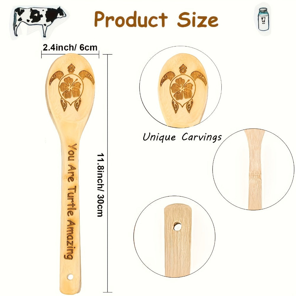 Wooden Cooking Spoons Utensils Set 5 Pcs – Carved Animal Bamboo Kitchen Gadgets Non-Stick Spatula Kit, Turtle Design Farmhouse Decor, Housewarming Christmas Gift for Cooking Enthusiasts