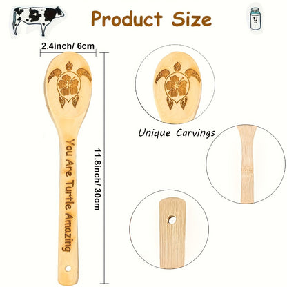 Wooden Cooking Spoons Utensils Set 5 Pcs – Carved Animal Bamboo Kitchen Gadgets Non-Stick Spatula Kit, Turtle Design Farmhouse Decor, Housewarming Christmas Gift for Cooking Enthusiasts