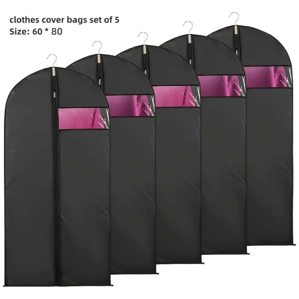Garment Bags with Zipper Closure & Dust Protection for Suits Dresses Shirts – Set of 5 Reusable Black Cover Bags