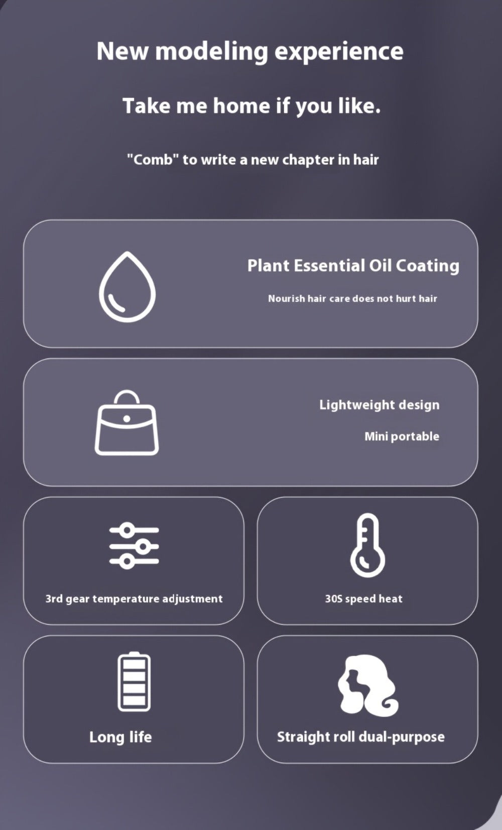 Wireless Hair Straightener Comb - Portable Cordless Straightening Brush with 3-Min Fast Heat, 3 Temp Settings 170-190°C, Negative Ion Technology, 3D Comb Design, Lightweight Travel Hair Straightener