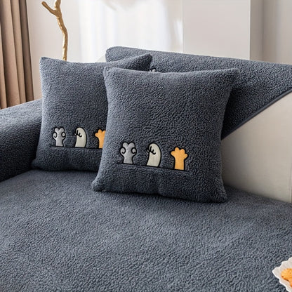 Plush Shearling Sofa Cover Non-Slip Pet-Friendly Couch Protector Animal Bone Embroidery Soft Warm for Living Room Bedroom Office 2 3 4 Seater