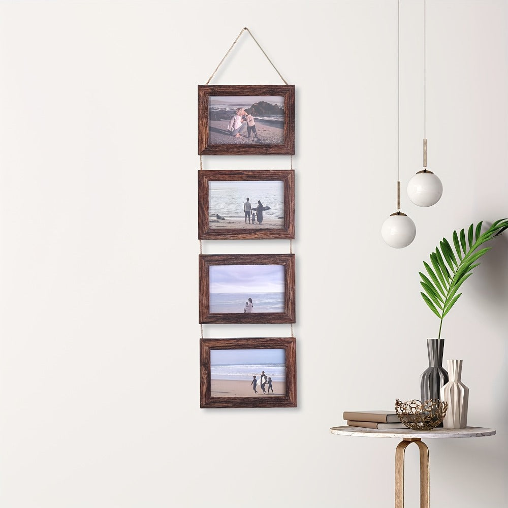 Picture Frame Set 4pcs Wooden Glass 4x6 with Flip-Top Display – Collage Photo Frames for Wall & Desktop, Interchangeable Mat, Home Decor Room Aesthetic – Wedding, Housewarming & Holiday Gift (White/Brown)