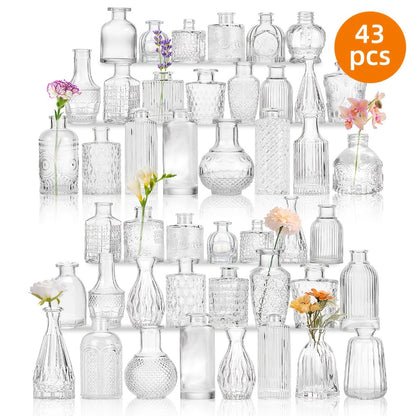 Mini Clear Bud Vases Bulk Set 12/30/43/52pcs – Small Glass-Look Flower Vases for Wedding Centerpieces, Birthday Party, Anniversary, Home Table Decor, Multiple Sizes