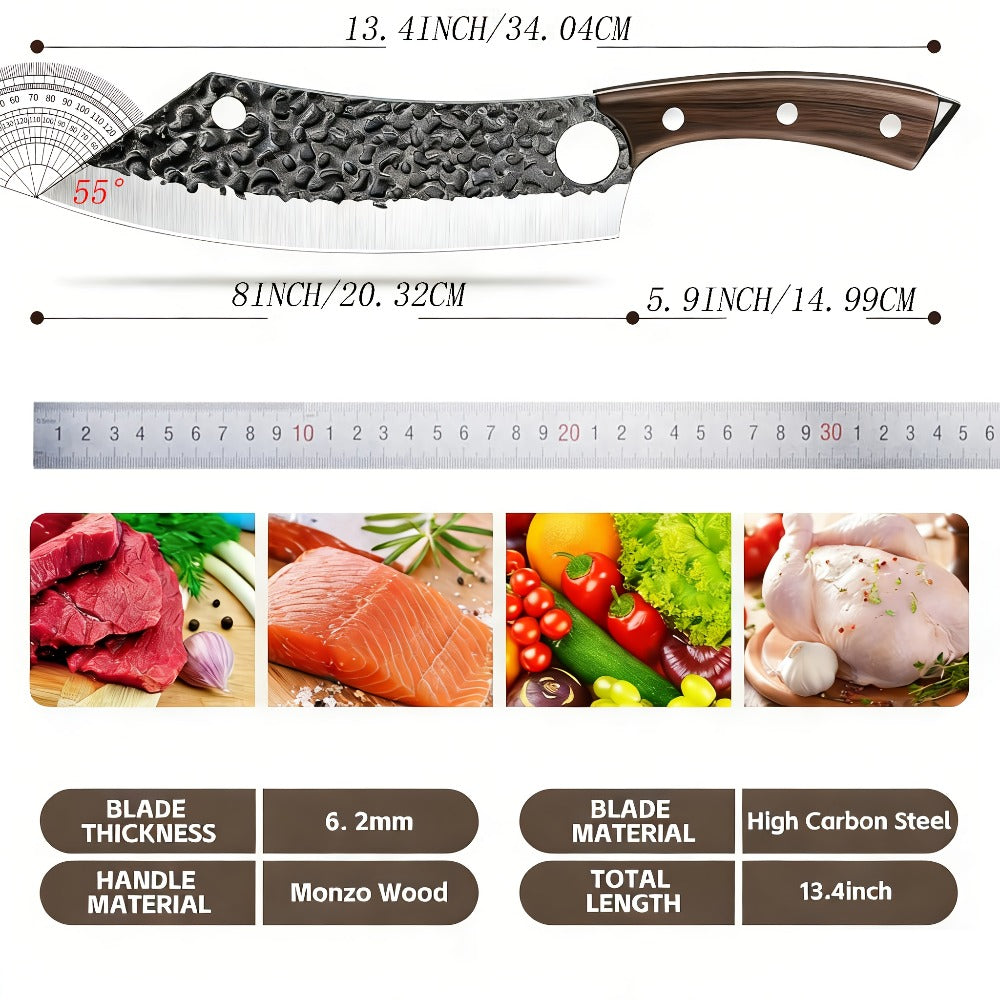 Butcher Knife 8 Inch Hand Forged High Carbon Steel Cleaver – Meat & Vegetable Chopping Knife with Finger Hole, Wooden Handle