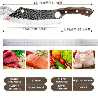 Butcher Knife 8 Inch Hand Forged High Carbon Steel Cleaver – Meat & Vegetable Chopping Knife with Finger Hole, Wooden Handle