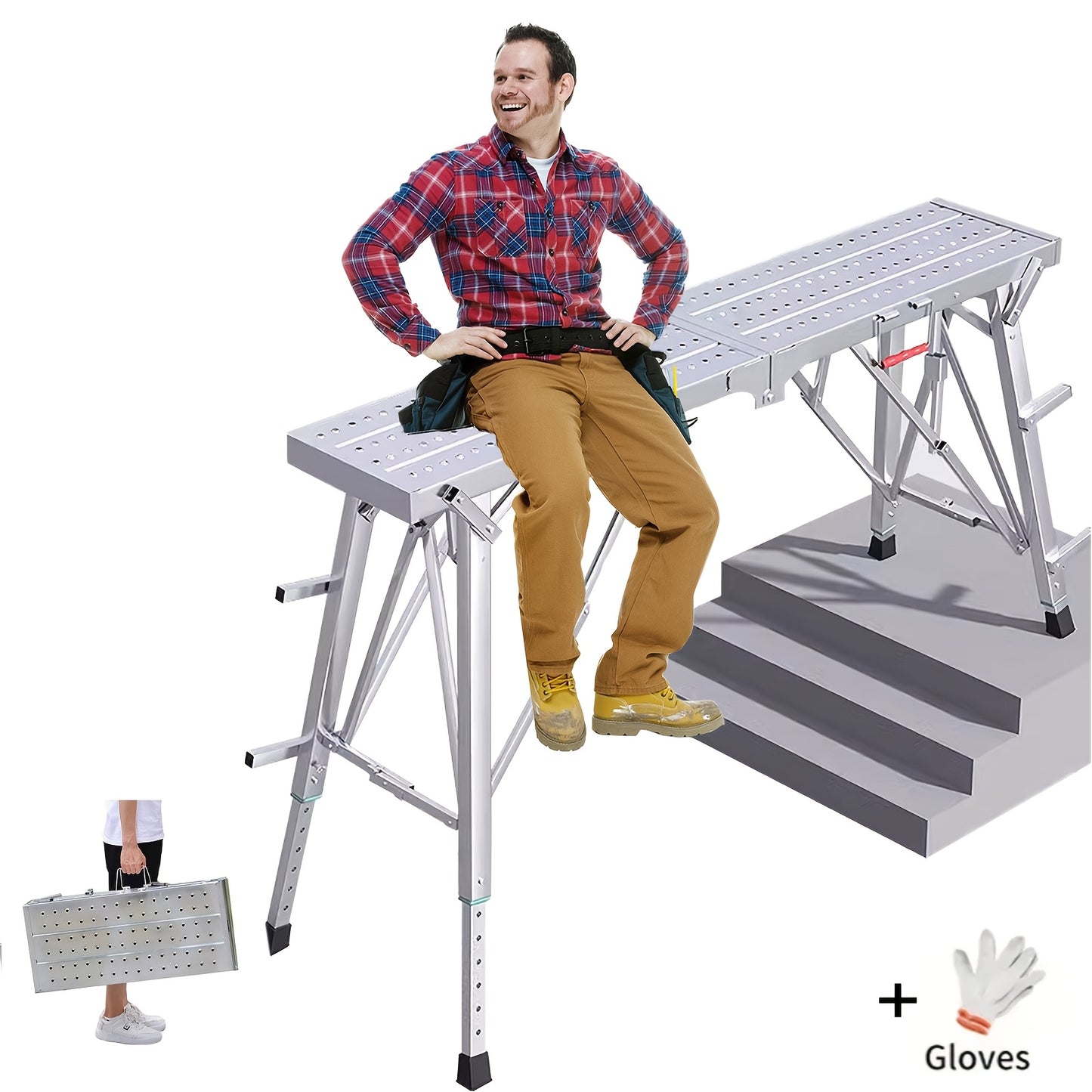 Adjustable Folding Scaffolding Work Platform 800 lbs, Portable Drywall Bench Step Ladder with Anti-Slip Feet & Safety Lock, Height 31.5"-49.2", for Painting, Cleaning, Car Washing & Decorating