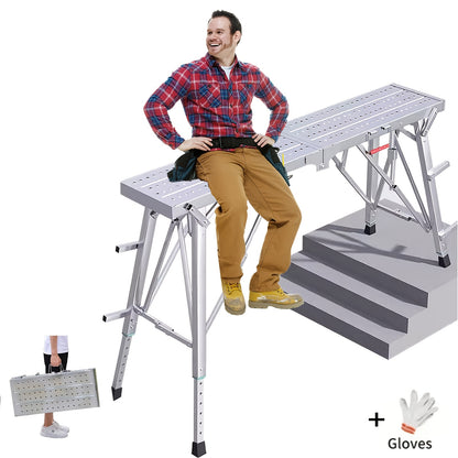 Adjustable Folding Scaffolding Work Platform 800 lbs, Portable Drywall Bench Step Ladder with Anti-Slip Feet & Safety Lock, Height 31.5"-49.2", for Painting, Cleaning, Car Washing & Decorating
