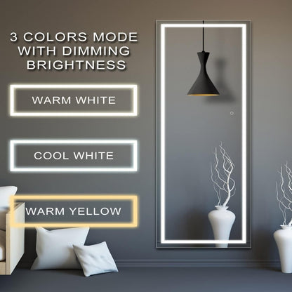 LED Full Length Mirror with Lights, Touch Control Lighted Full Body Mirror, Free Standing Wall Mounted Leaning Bedroom Mirror with LED Light Strip for Dressing Room Vanity