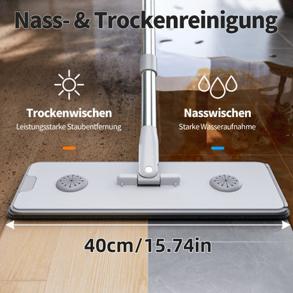 Flat Mop and Bucket Set with Metal Rod 360 Degree Swivel Head Reusable Microfiber Pads Hands-Free Wringing Wet Dry Floor Cleaning System for Hardwood Tile Bathroom Bedroom Living Room
