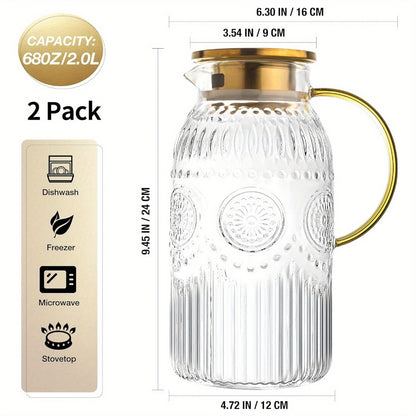 Glass Pitcher with Lid 68oz 2 Liter Heat Resistant Borosilicate Glass Water Carafe Vintage Design for Cold Brew Coffee Lemonade Iced Tea Juice Parties Picnics Camping Office Kitchen