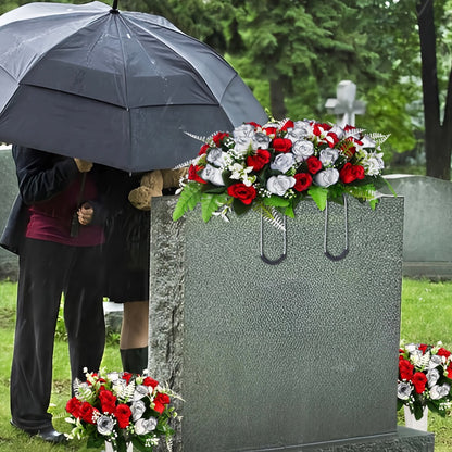 Artificial Cemetery Flowers for Grave with Saddle, Silk Rose Bouquet Headstone Decoration, Memorial Day Grave Flowers, Outdoor Grave Marker Floral Arrangement, 1/2/3 PCS