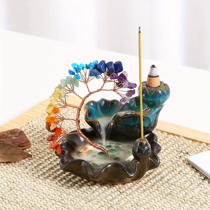 Backflow Incense Burner Crystal Money Tree Waterfall Smoke Incense Holder Ceramic Cone Stick Burner for Yoga Meditation Home Decor Altar Decoration