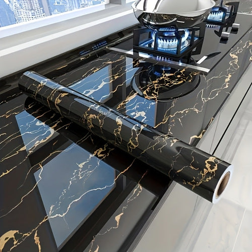 Black Marble Wallpaper Self-Adhesive Peel and Stick | Gold Vein Kitchen Backsplash Contact Paper | 23.62" x 196.85" Large Removable Wall Sticker for Modern Home Decor, Countertop & Furniture Wrap