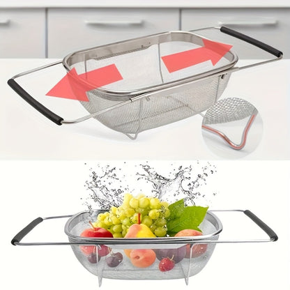 Expandable Sink Colander Stainless Steel – Over the Sink Strainer Basket with Fine Mesh & Rubber Grip, Adjustable Kitchen Drain Strainer for Vegetables, Fruits & Pasta, Small & Large Size