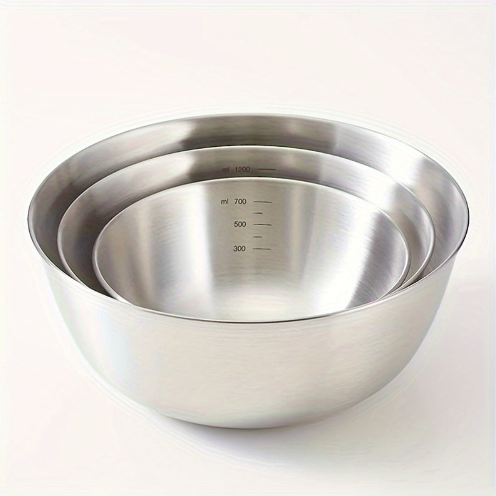 Stainless Steel Mixing Bowl Set 3-Piece with Measuring Marks – Small Medium Large Nesting Bowls for Cooking, Baking & Food Prep, Durable 304 Stainless Steel Salad Bowl Set for Kitchen & Restaurant